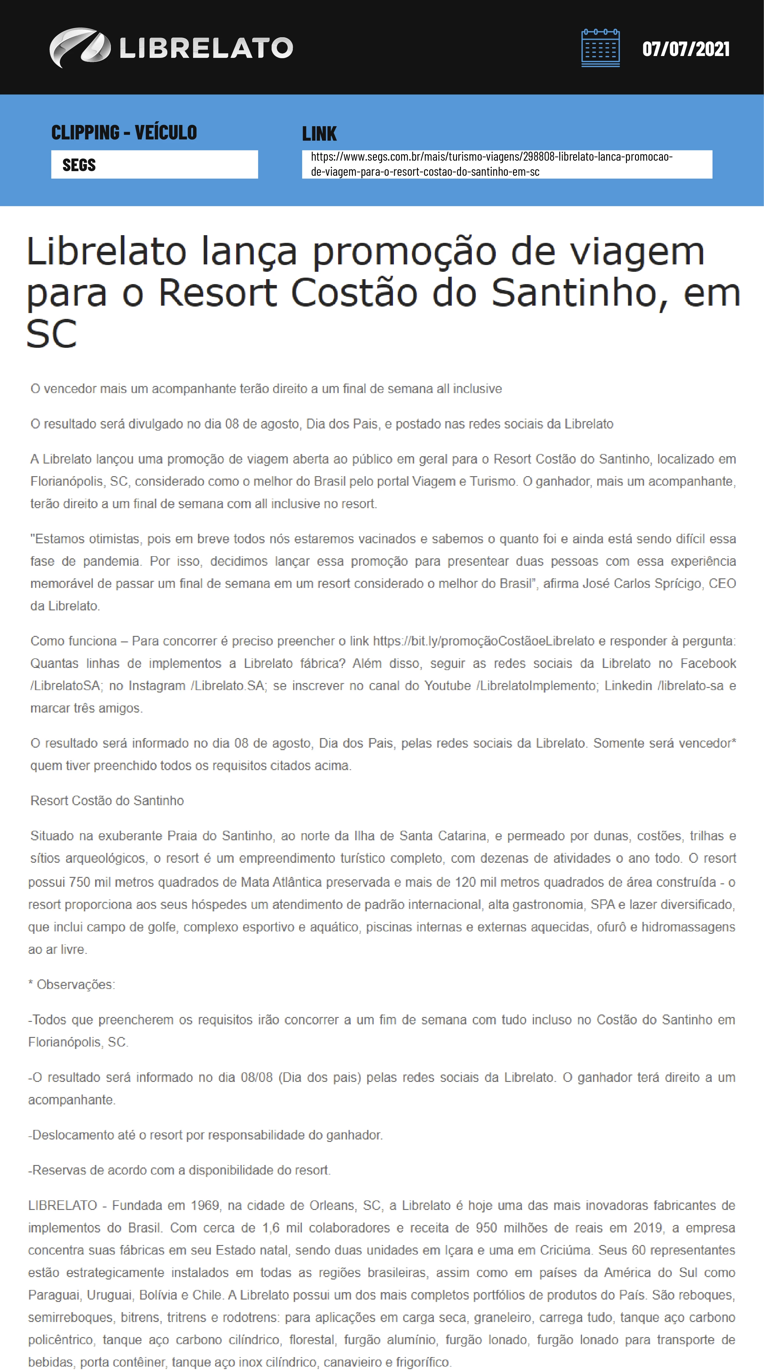 Librelato lança promoção de viagem para o Resort Costão do Santinho, em SC